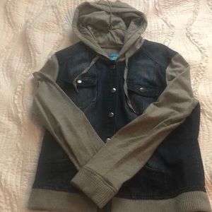 Denim jacket with sweatshirt sleeves and hood